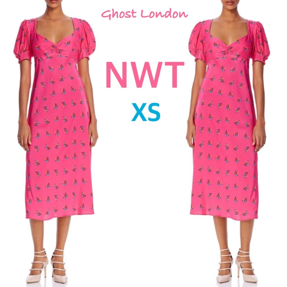 NWT (XS) Ghost London summer puff short sleeves empire high waist low Vneck pink
